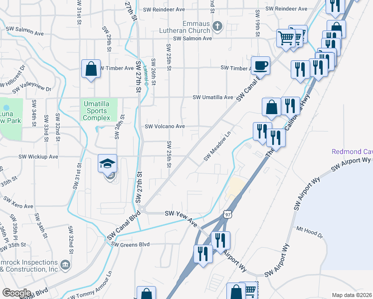 map of restaurants, bars, coffee shops, grocery stores, and more near 2416 Southwest Wickiup Court in Redmond