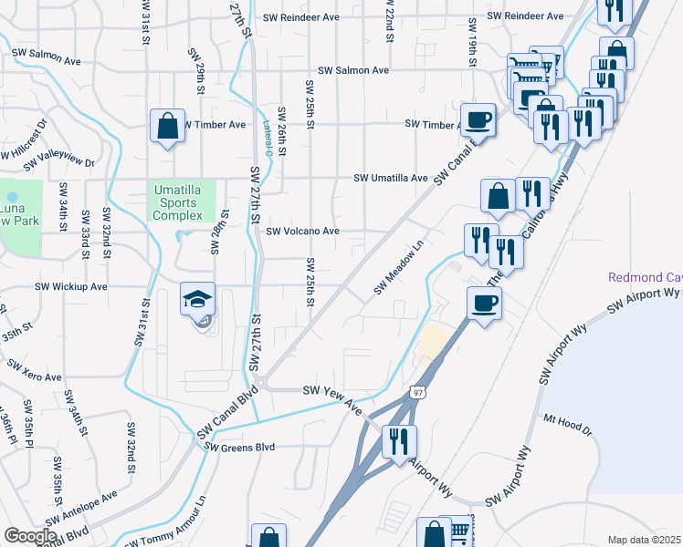 map of restaurants, bars, coffee shops, grocery stores, and more near 2960 Southwest 24th Street in Redmond