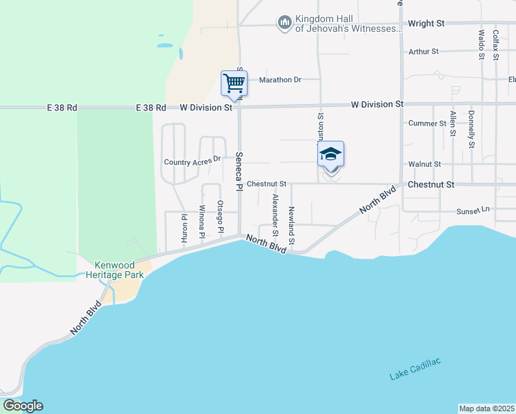 map of restaurants, bars, coffee shops, grocery stores, and more near Vick Ave in Cadillac