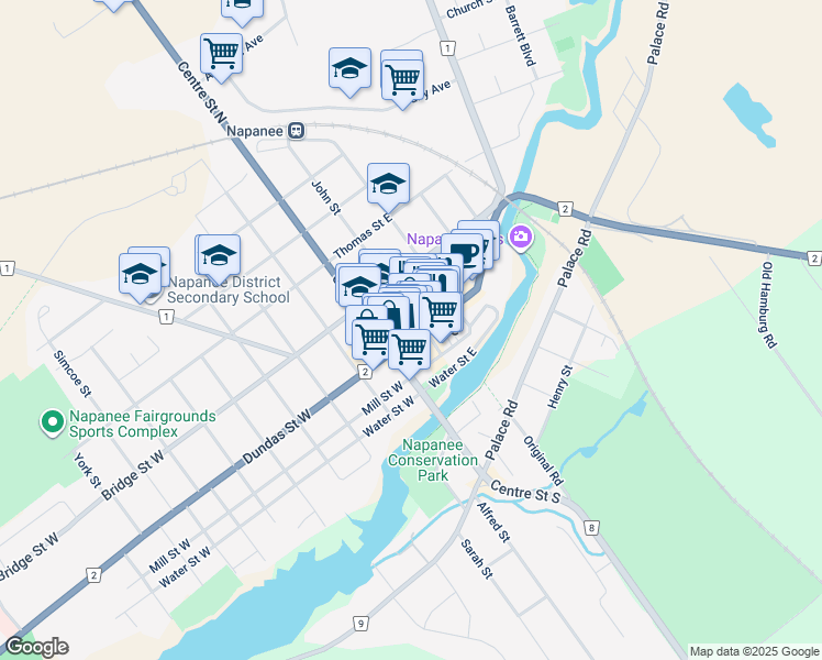 map of restaurants, bars, coffee shops, grocery stores, and more near 25 Dundas Street East in Napanee