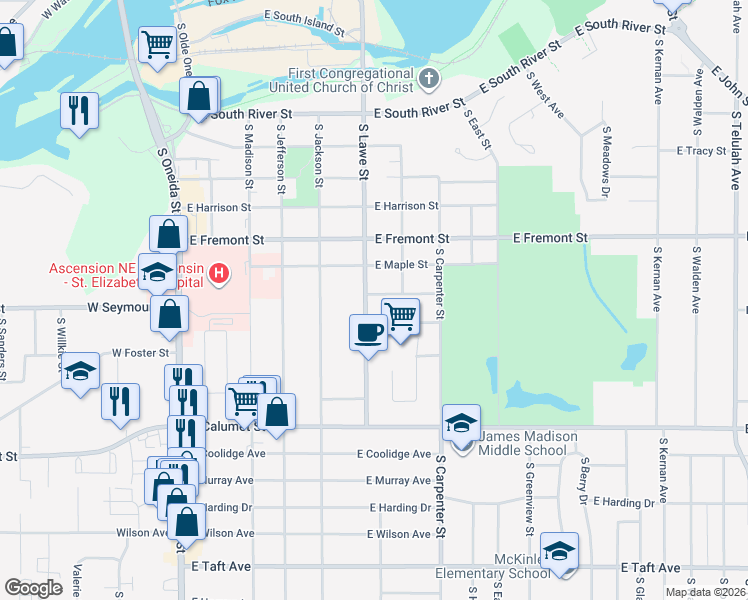 map of restaurants, bars, coffee shops, grocery stores, and more near 1519 South Lawe Street in Appleton