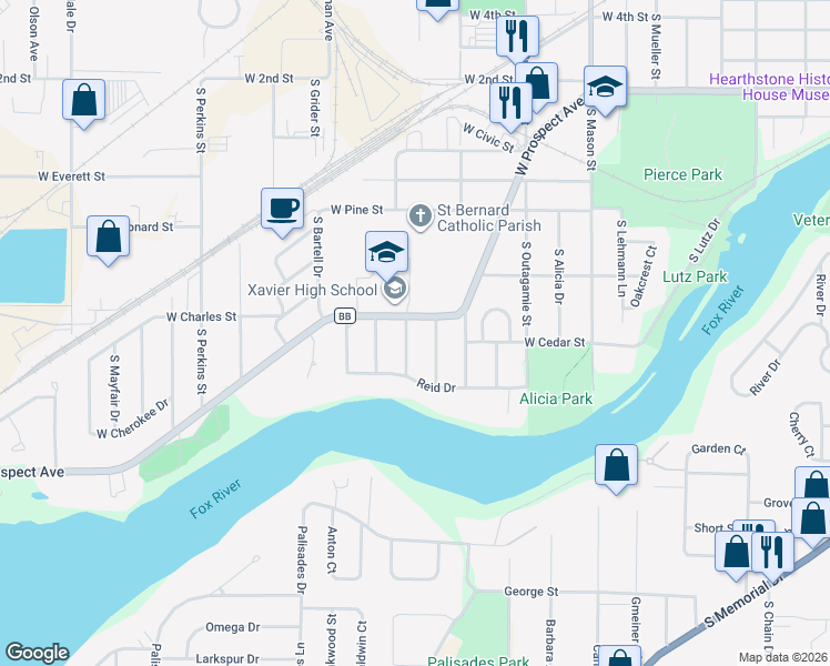 map of restaurants, bars, coffee shops, grocery stores, and more near 1715 West Prospect Avenue in Appleton