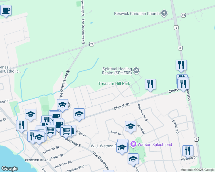 map of restaurants, bars, coffee shops, grocery stores, and more near 96 Connell Drive in Georgina