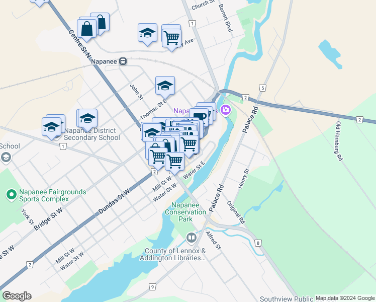 map of restaurants, bars, coffee shops, grocery stores, and more near 42 Dundas Street East in Napanee