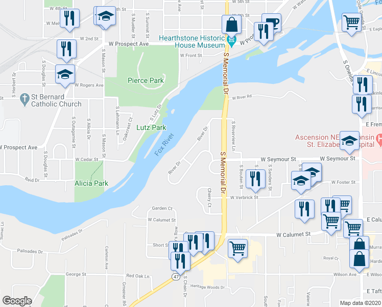 map of restaurants, bars, coffee shops, grocery stores, and more near 117 River Drive in Appleton