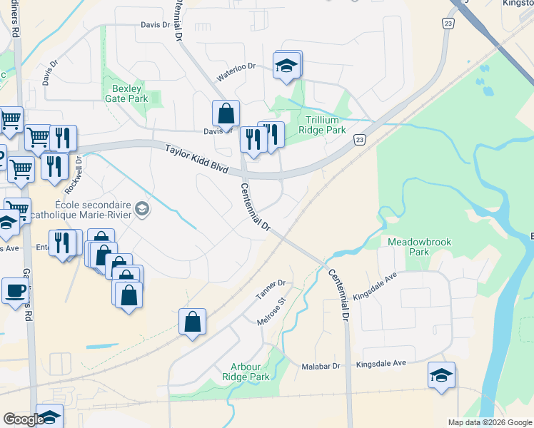 map of restaurants, bars, coffee shops, grocery stores, and more near 1171 Wheathill Street in Kingston