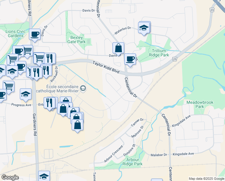 map of restaurants, bars, coffee shops, grocery stores, and more near 2042 Swanfield Street in Kingston