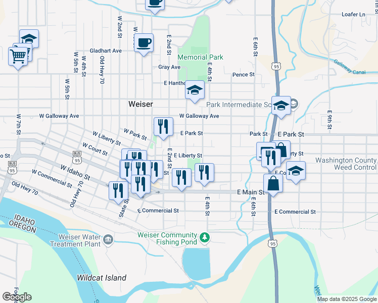 map of restaurants, bars, coffee shops, grocery stores, and more near 604 East 3rd Street in Weiser