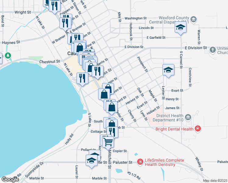 map of restaurants, bars, coffee shops, grocery stores, and more near 201 Stimson Street in Cadillac