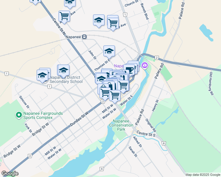 map of restaurants, bars, coffee shops, grocery stores, and more near 25 Dundas Street East in Napanee
