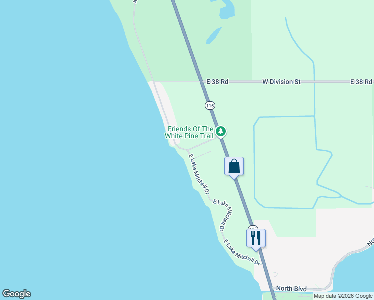 map of restaurants, bars, coffee shops, grocery stores, and more near 1113 East Lake Mitchell Drive in Cadillac