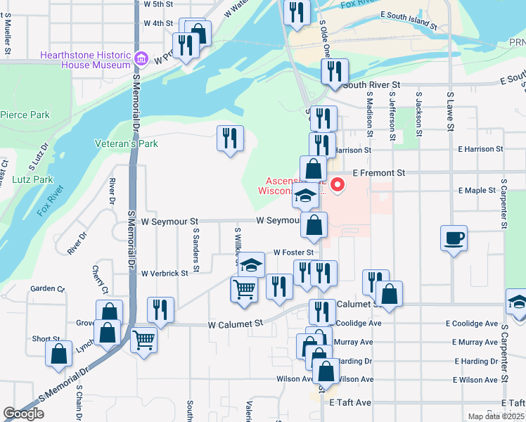 map of restaurants, bars, coffee shops, grocery stores, and more near 202 West Seymour Street in Appleton