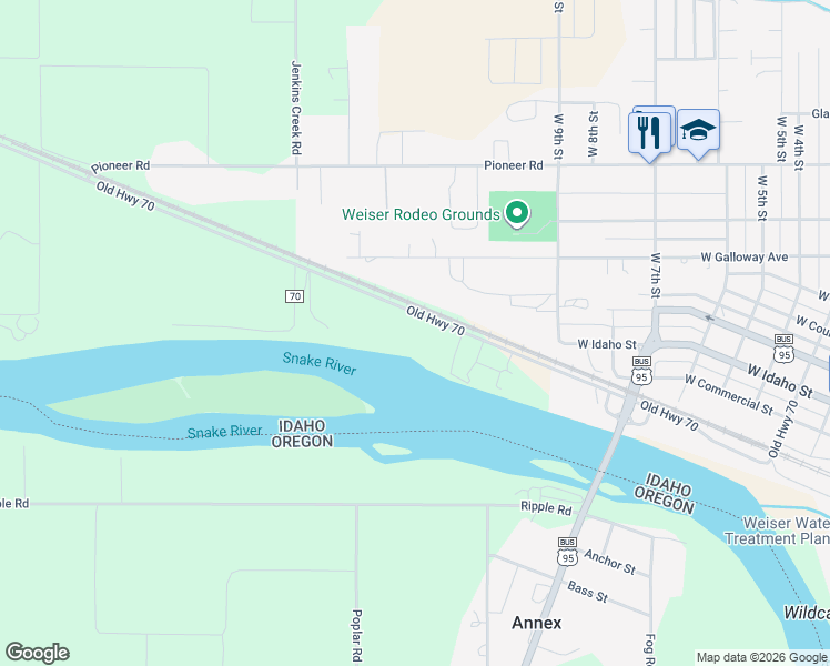 map of restaurants, bars, coffee shops, grocery stores, and more near 1219 County Road 70 in Weiser