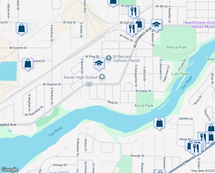 map of restaurants, bars, coffee shops, grocery stores, and more near 1715 West Prospect Avenue in Appleton