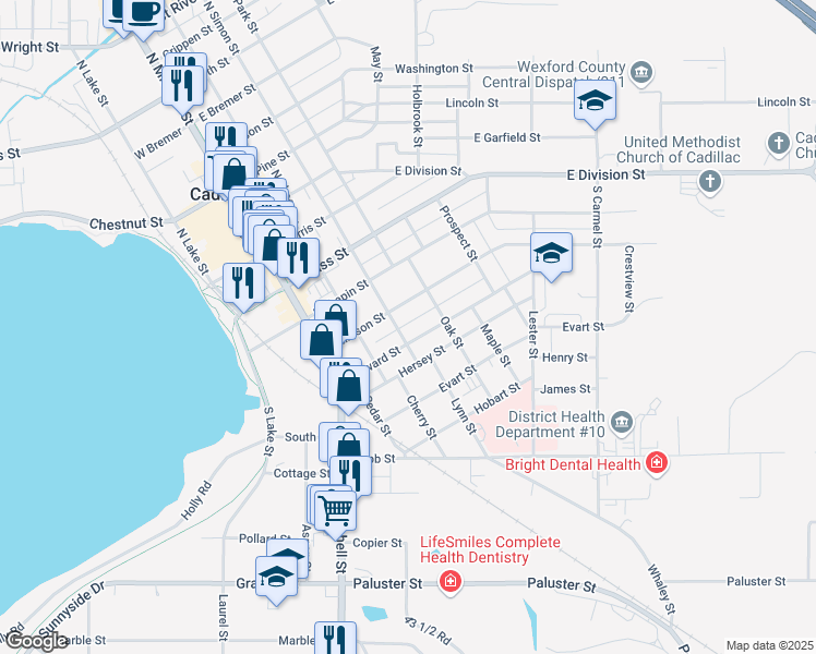 map of restaurants, bars, coffee shops, grocery stores, and more near 300-398 Stimson Street in Cadillac