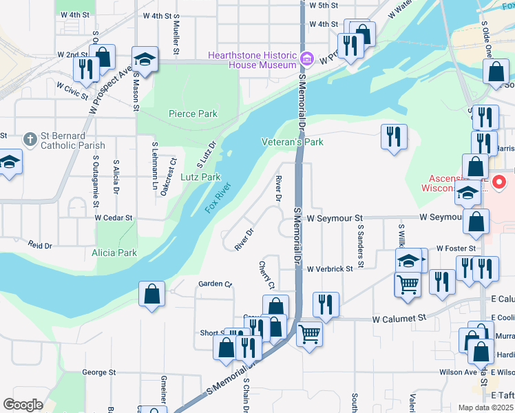 map of restaurants, bars, coffee shops, grocery stores, and more near 333 River Drive in Appleton