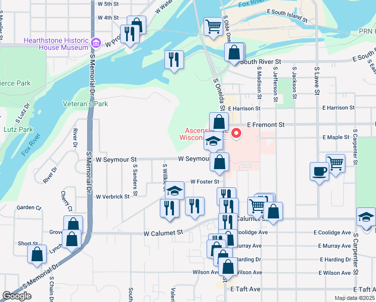 map of restaurants, bars, coffee shops, grocery stores, and more near 202 West Seymour Street in Appleton