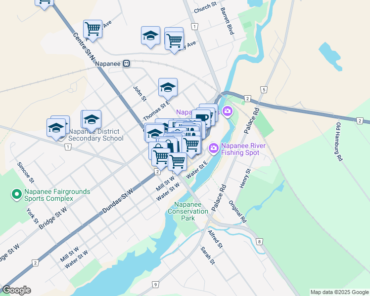 map of restaurants, bars, coffee shops, grocery stores, and more near 37 Dundas Street East in Napanee