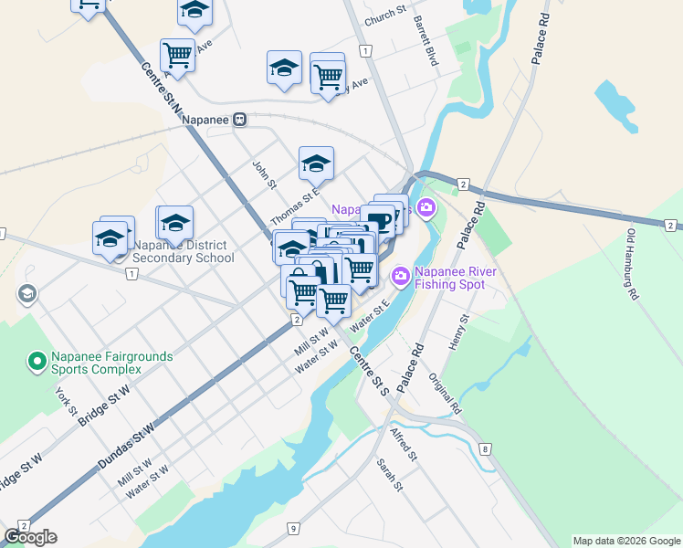 map of restaurants, bars, coffee shops, grocery stores, and more near 25 Dundas Street East in Napanee