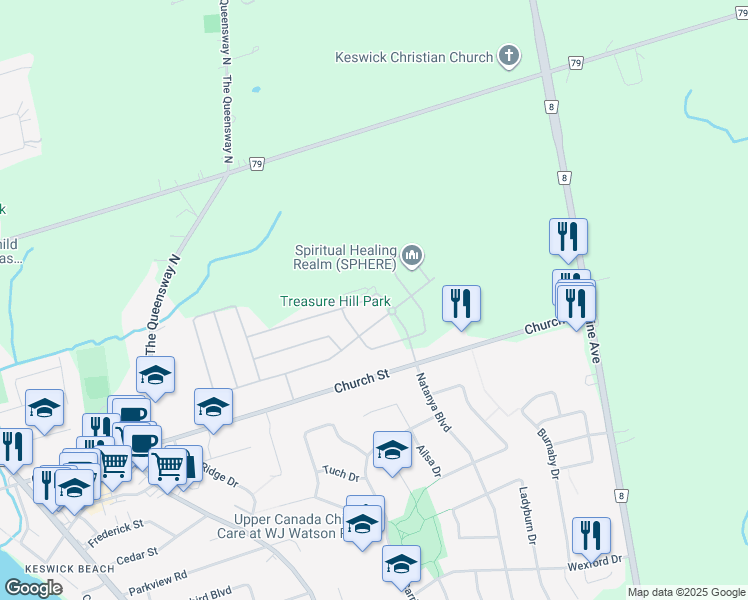 map of restaurants, bars, coffee shops, grocery stores, and more near 90-146 Church St in Georgina
