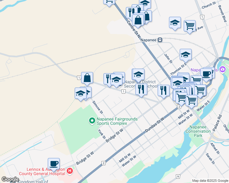 map of restaurants, bars, coffee shops, grocery stores, and more near 252 Belleville Road in Napanee