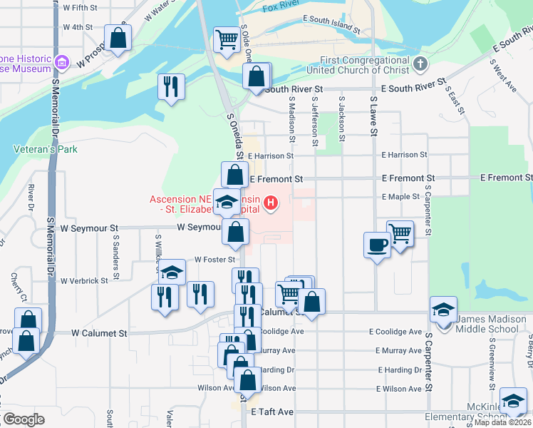 map of restaurants, bars, coffee shops, grocery stores, and more near 1506 South Oneida Street in Appleton