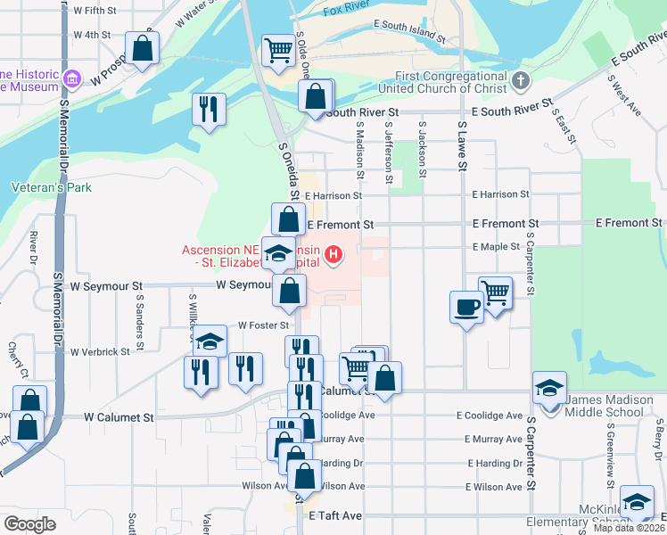 map of restaurants, bars, coffee shops, grocery stores, and more near 1506 South Oneida Street in Appleton