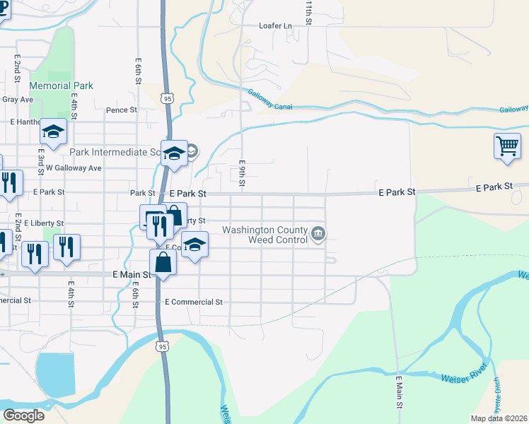 map of restaurants, bars, coffee shops, grocery stores, and more near 1002 East Liberty Street in Weiser