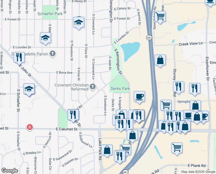 map of restaurants, bars, coffee shops, grocery stores, and more near 3111 East Rail Road in Appleton