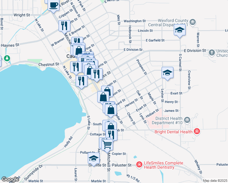 map of restaurants, bars, coffee shops, grocery stores, and more near 201-299 Stimson Street in Cadillac