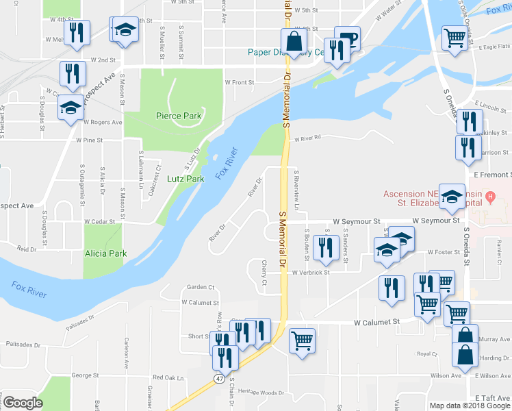 map of restaurants, bars, coffee shops, grocery stores, and more near 333 River Drive in Appleton