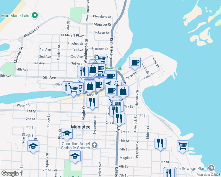 map of restaurants, bars, coffee shops, grocery stores, and more near 319 River Street in Manistee