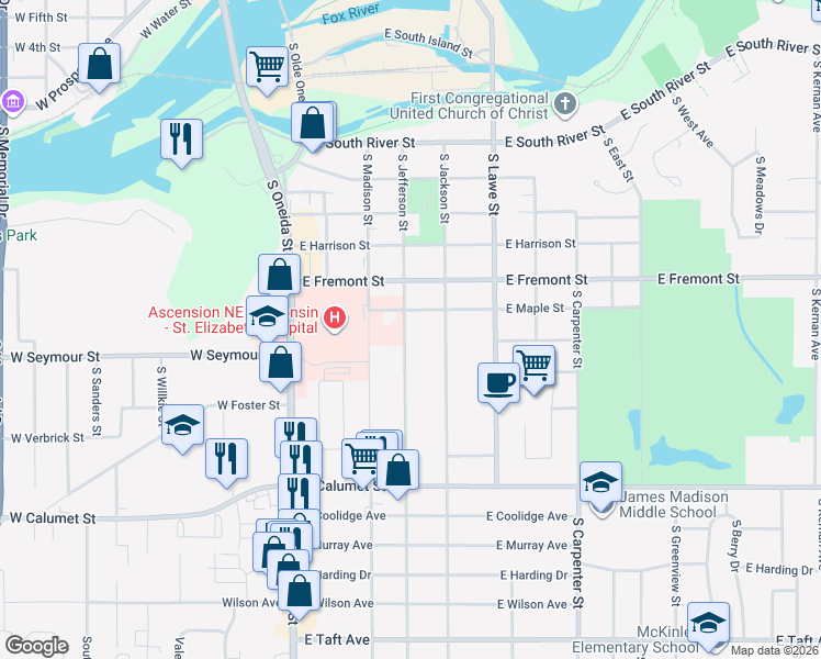 map of restaurants, bars, coffee shops, grocery stores, and more near 1514 South Jefferson Street in Appleton