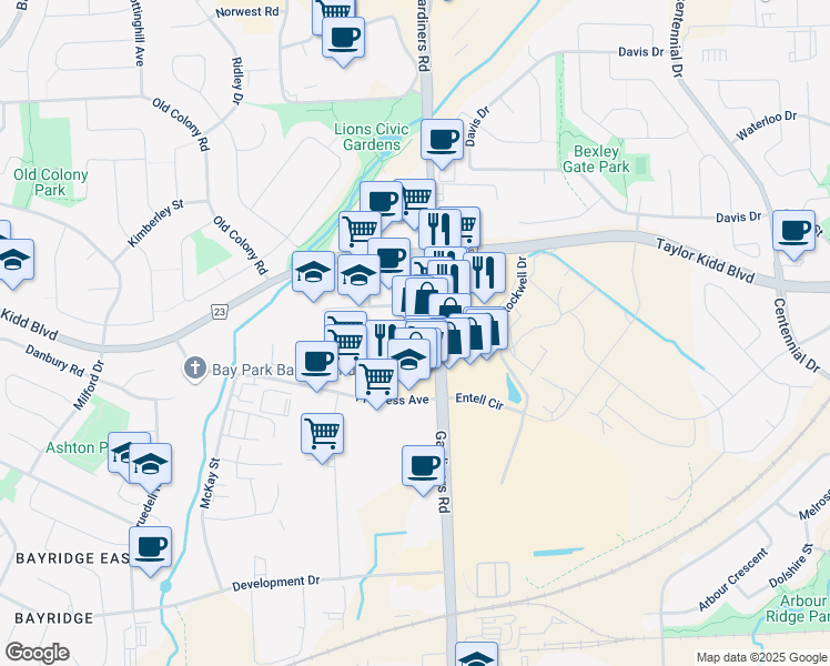 map of restaurants, bars, coffee shops, grocery stores, and more near 759 Gardiners Road in Kingston