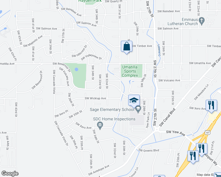 map of restaurants, bars, coffee shops, grocery stores, and more near 3000 Southwest 32nd Street in Redmond