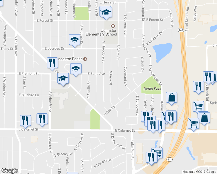 map of restaurants, bars, coffee shops, grocery stores, and more near 1517 South Irma Street in Appleton