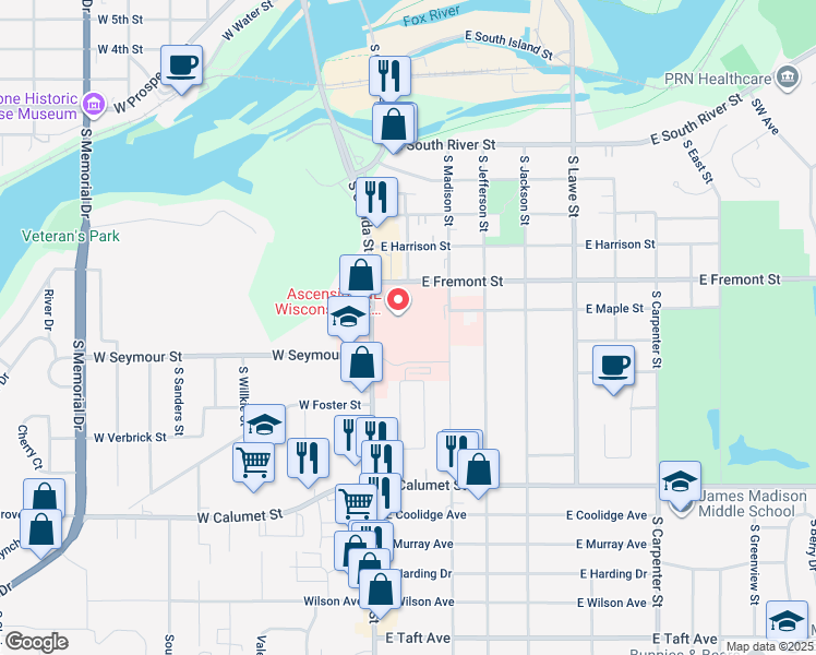 map of restaurants, bars, coffee shops, grocery stores, and more near 1506 South Oneida Street in Appleton