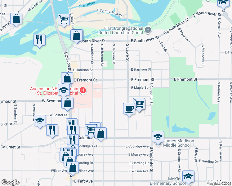map of restaurants, bars, coffee shops, grocery stores, and more near 1518 South Jackson Street in Appleton