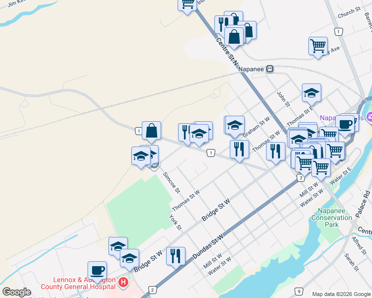 map of restaurants, bars, coffee shops, grocery stores, and more near 272 Belleville Road in Napanee
