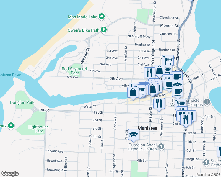 map of restaurants, bars, coffee shops, grocery stores, and more near 290 North Water Street in Manistee