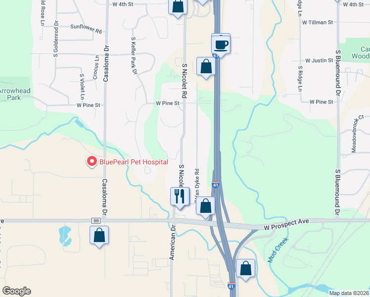 map of restaurants, bars, coffee shops, grocery stores, and more near 1515 South Van Dyke Road in Appleton