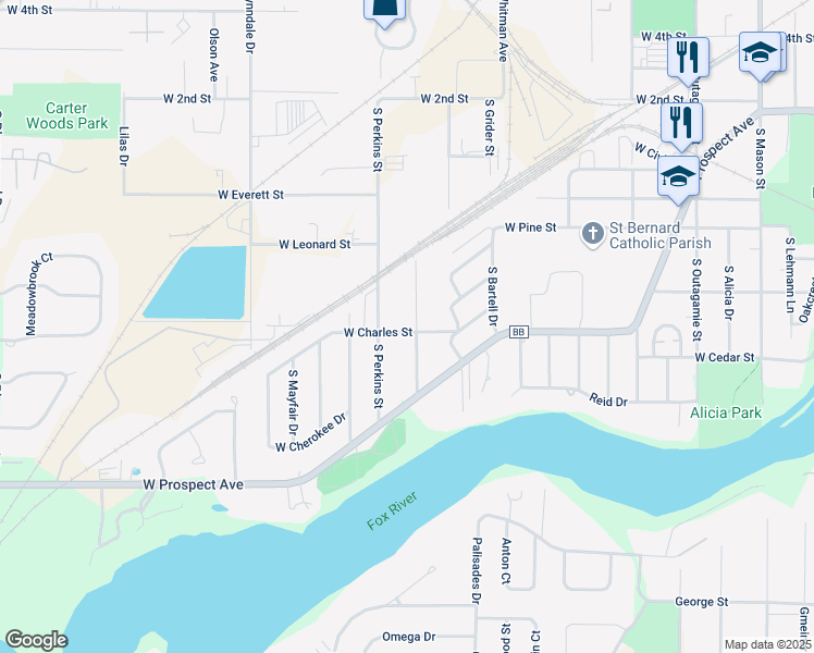 map of restaurants, bars, coffee shops, grocery stores, and more near 2124 West Charles Street in Appleton