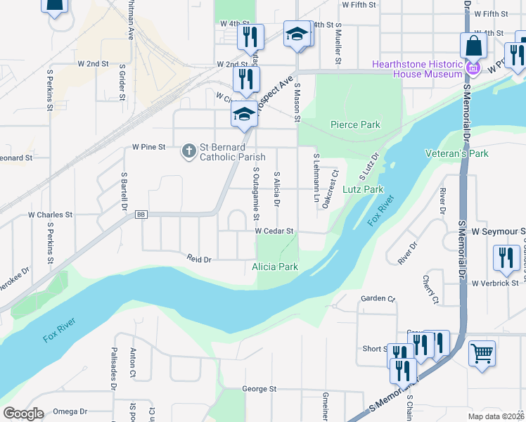 map of restaurants, bars, coffee shops, grocery stores, and more near 1514 South Outagamie Street in Appleton