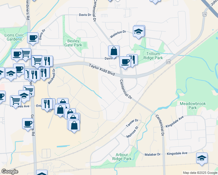 map of restaurants, bars, coffee shops, grocery stores, and more near 2042 Swanfield Street in Kingston