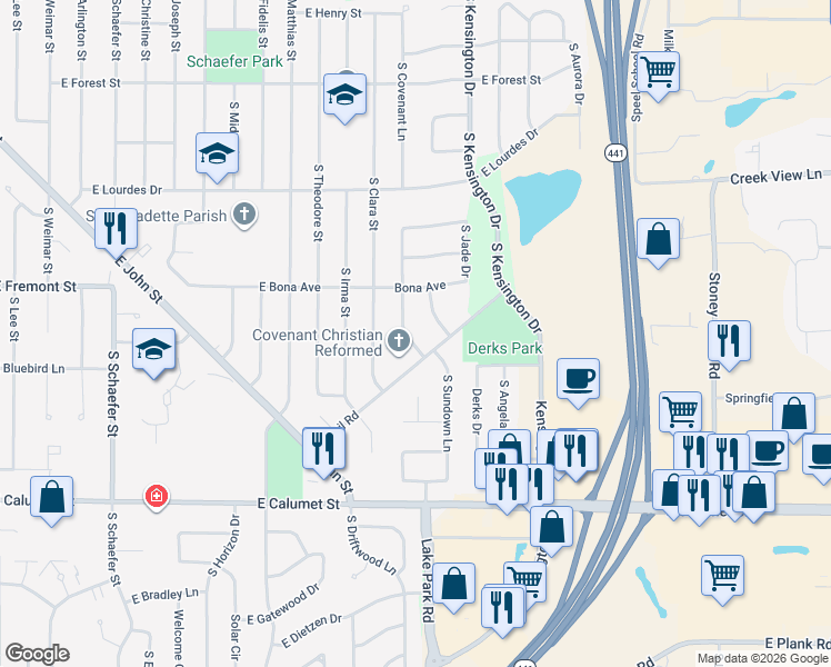 map of restaurants, bars, coffee shops, grocery stores, and more near 1518 South Covenant Lane in Appleton