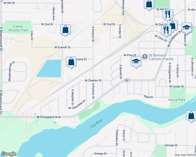 map of restaurants, bars, coffee shops, grocery stores, and more near 2124 West Charles Street in Appleton