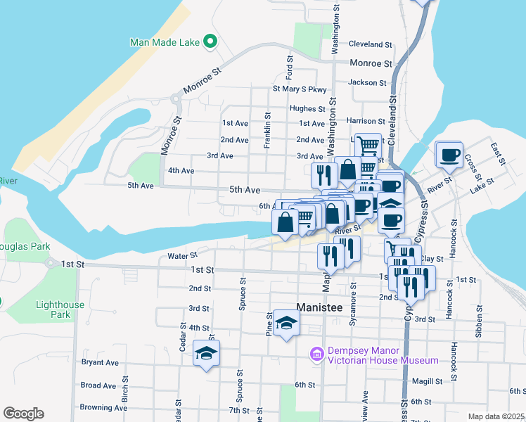 map of restaurants, bars, coffee shops, grocery stores, and more near 261 6th Avenue in Manistee