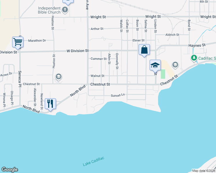 map of restaurants, bars, coffee shops, grocery stores, and more near 1101 Chestnut Street in Cadillac