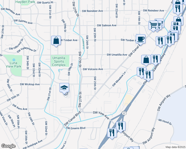 map of restaurants, bars, coffee shops, grocery stores, and more near 2525 Southwest Volcano Way in Redmond