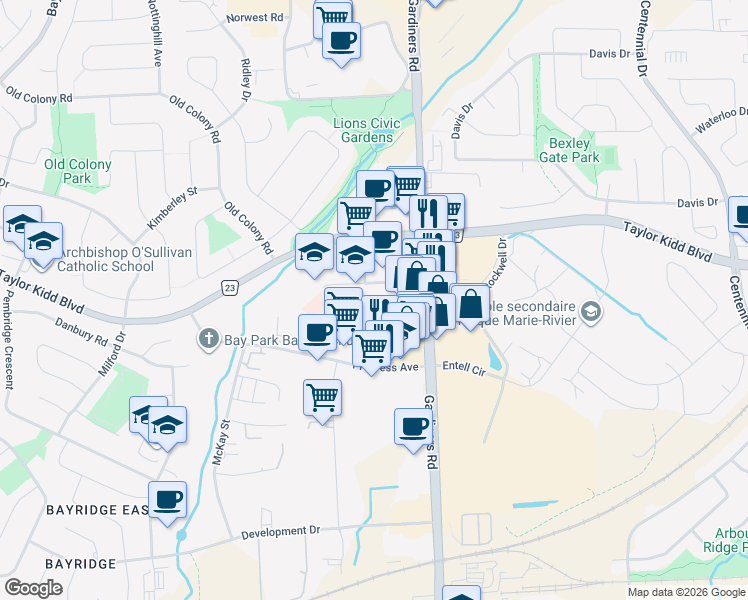 map of restaurants, bars, coffee shops, grocery stores, and more near 675 Arlington Park Place in Kingston